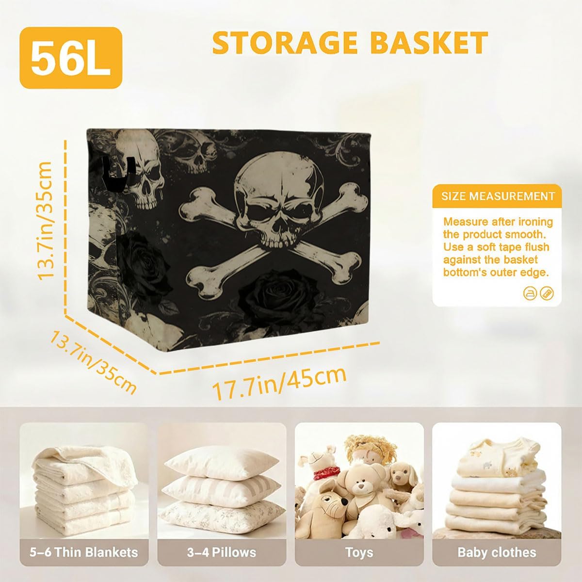 56L Gothic Skull Rectangular Storage Bin,Laundry Basket Clothes Hamper with Handles,Foldable Blanket Storage Cotton Linen Laundry Hamper with Waterproof PE, Home Decor.