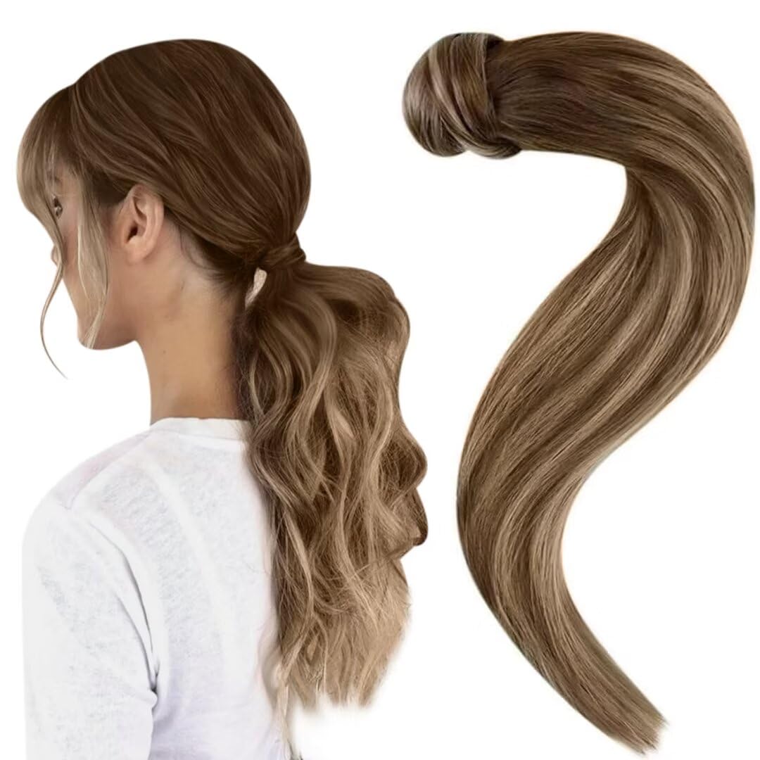 Easyouth Real Hair Ponytail Extension Balayage Brown Clip in Ponytail Hair Extensions Human Hair Ombre Medium Brown to Honey Blonde Ponytail Extension Human Hair 14 Inch 70g