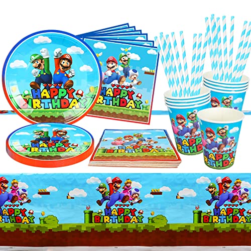 GUBOOM Super Mario Partygeschirr Set, 61Pcs Mario Geburtstag Geschirr Kit, Super Mario Party Deko, Partyzubehör mit Teller, Becher, Tischdecke, Servietten, Trinkhalme