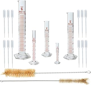 Glass Graduated Cylinder Set with Cleaning Brushes and Transfer Pipettes, Borosilicate Glass, 5 Sizes - 5,10,25,50, and 100ml, Karter Scientific 233G2