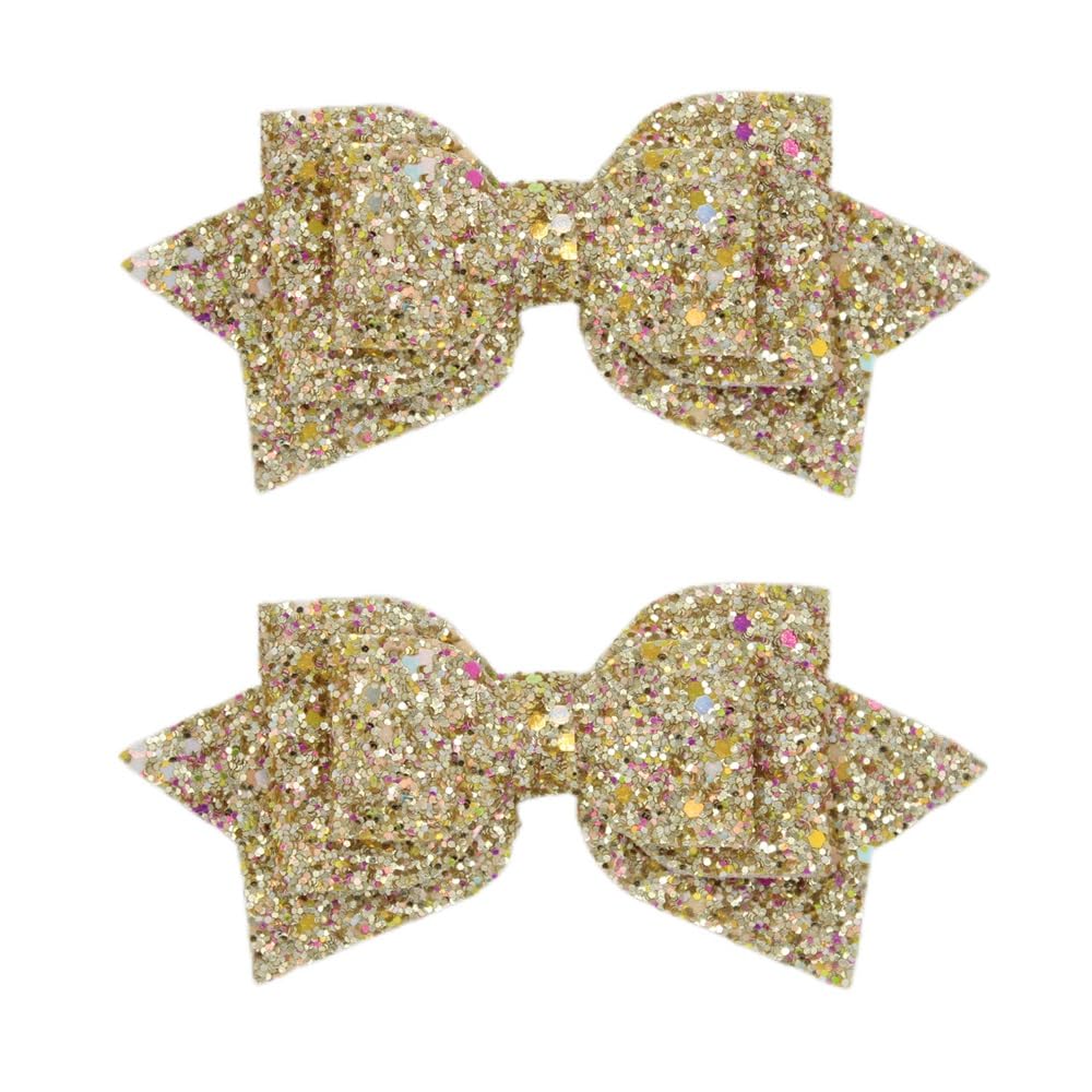 Multicolor Sparkling 5 Inch Glitter Hair Bows - Set of 2 Alligator Clips for Girls, Teens, Toddlers（Gold）