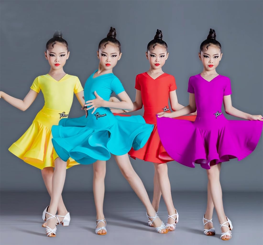 OTMYIGO Vestido latino de manga larga para niñas, vestido de leotardo de salón de baile, vestido de baile latino, vestido de bailarina, competición de baile