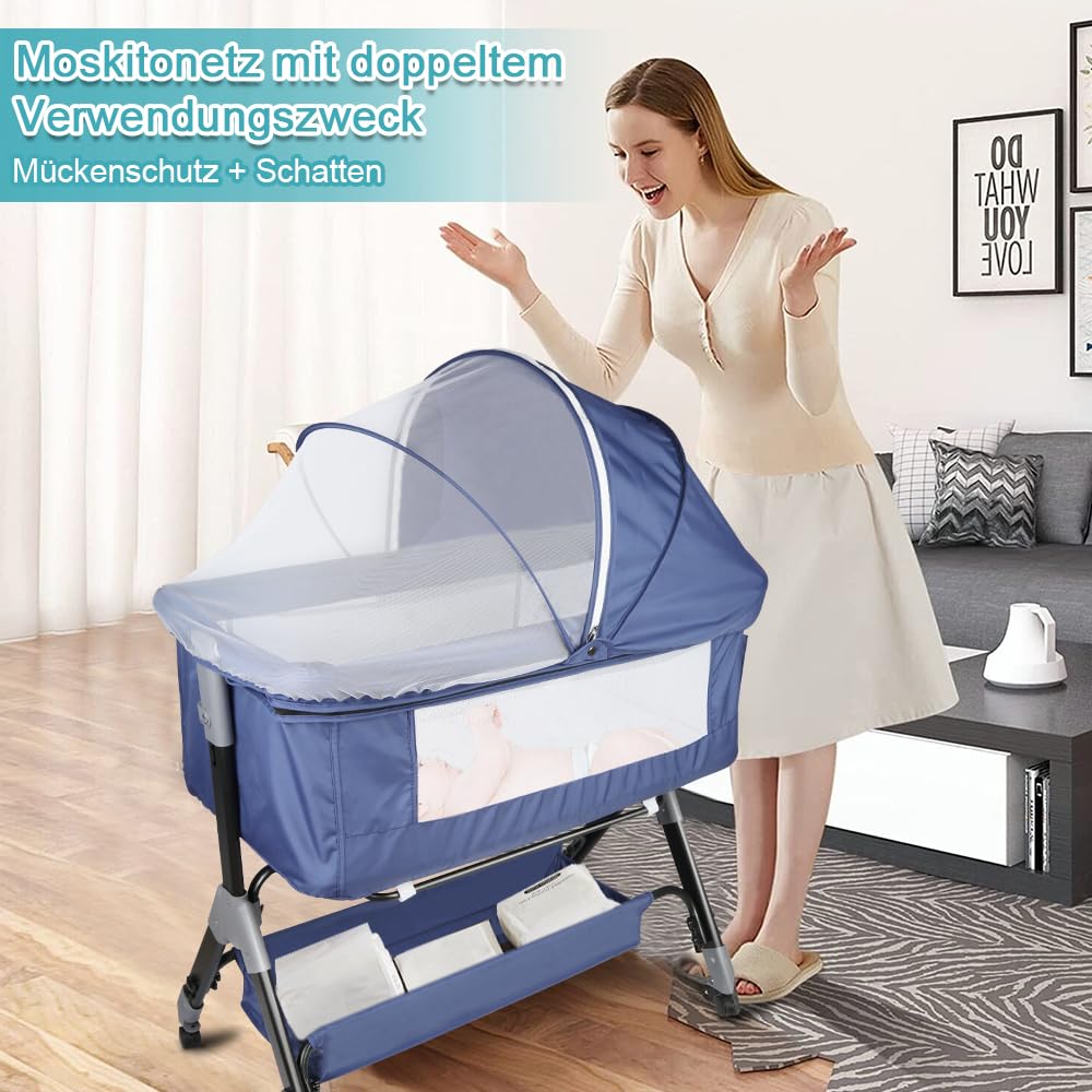 OHMG Culla Neonato con Materasso Imbottito,Culla Cododo,Culla Co-sleeping,Culla Bambini Pieghevole con 5 Altezze Regolabili,Lettino per Bambini,per Bambini 0-6 Mesi (Blu tibetano (104x52x103-115cm))
