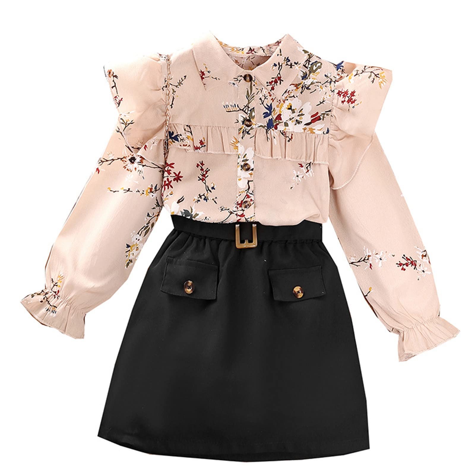 Kids Toddler Child Girls Long Sleeve Floral Patchwork Shirt Tops Solid Skirt 2PCS Outfits Set (Red, 160/12Y)