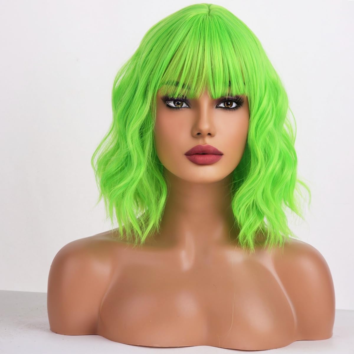 Neon Green Wigs for Women Short Bob Wig Lime Green Wig Short Curly Wavy Wig with Bangs Heat Resistant Synthetic Wigs for Cosplay Costume Party