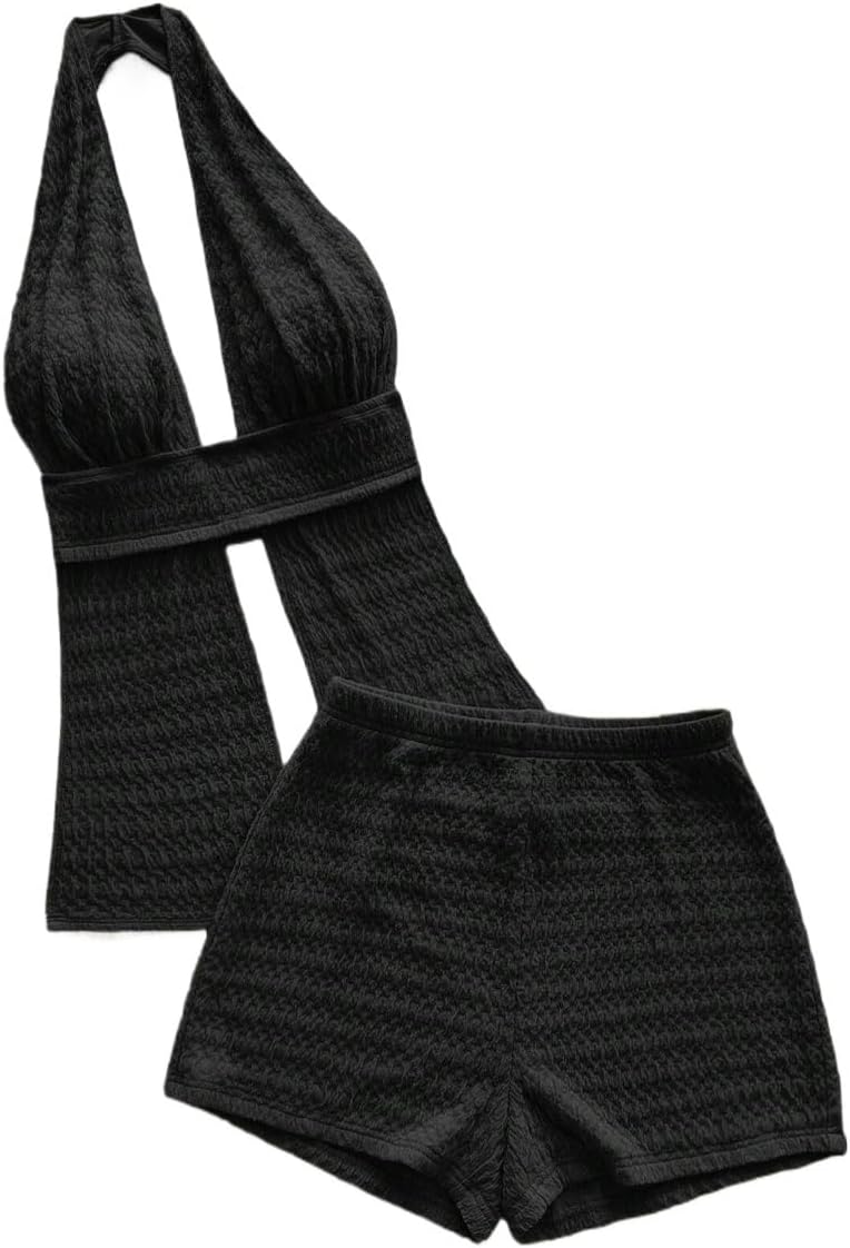 Women's Backless Slimming Fit Fashion Halter Top And Shorts 2 Piece Set For Spring And Summer