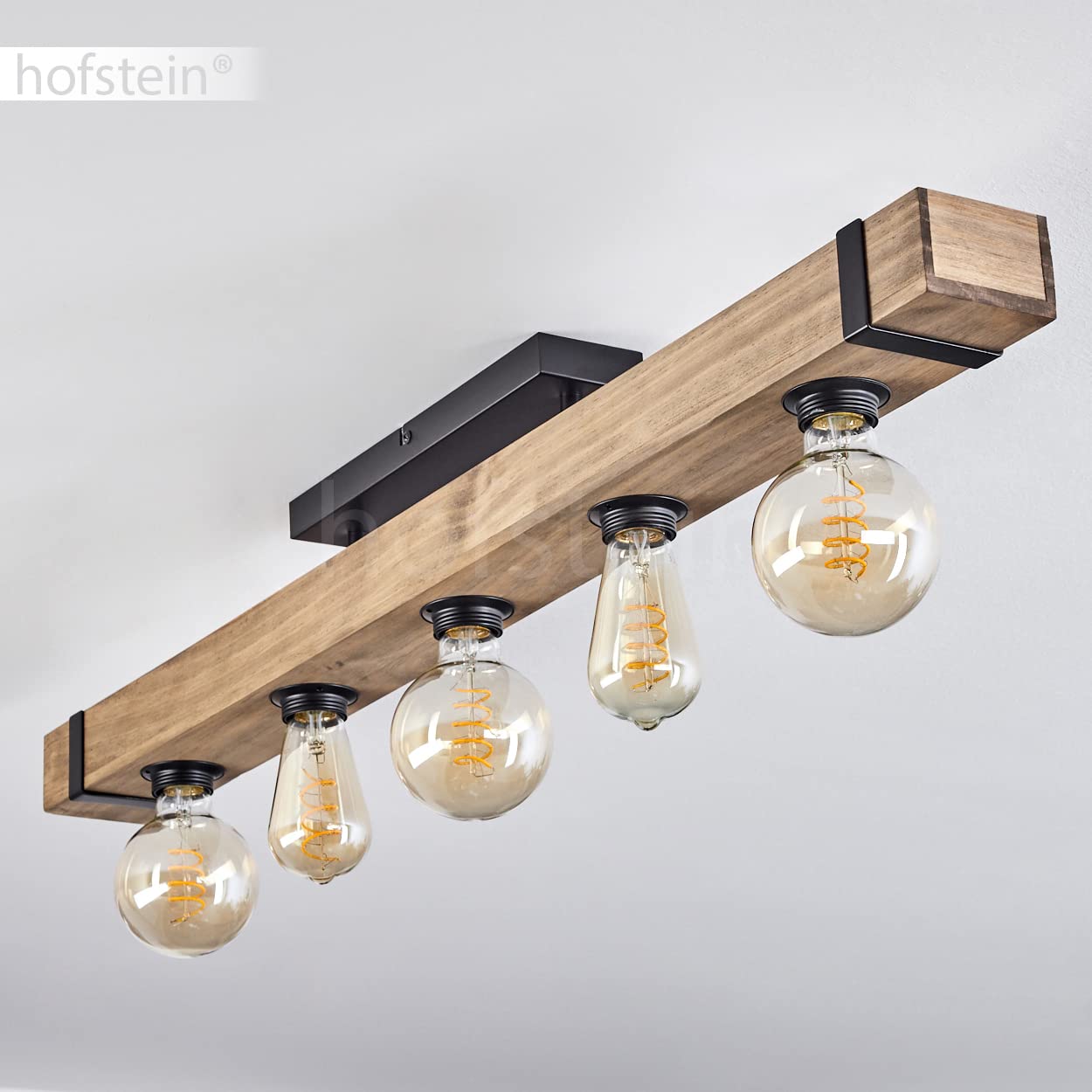 hofstein Lámpara de techo Montgomery, lámpara de techo de metal/madera en negro/naturaleza con viga de madera (100 cm), 5 x casquillo E27, sin bombillas