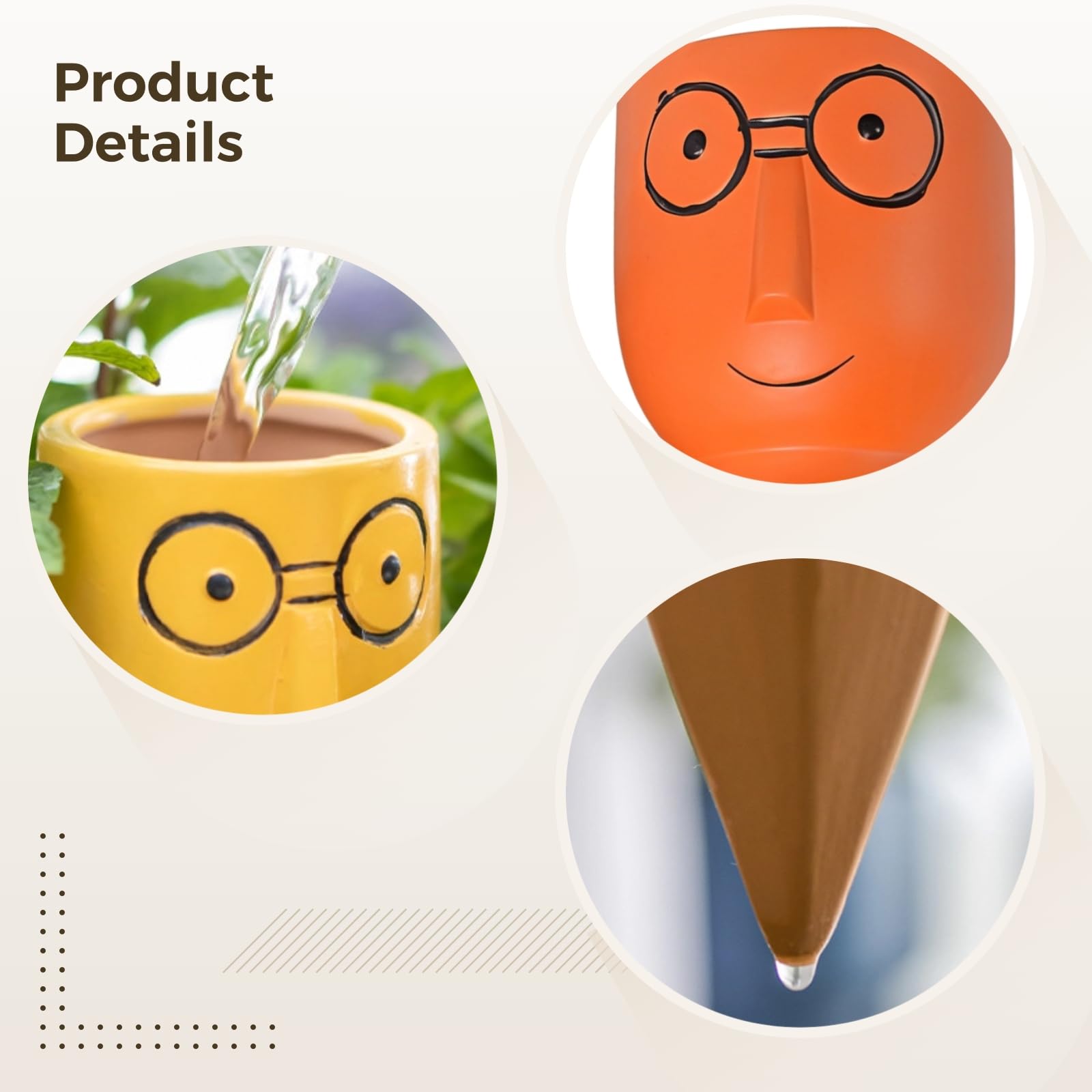 Générique Lot de 4 cônes d'arrosage Automatique en Terre Cuite pour Plantes, Forme drôle de tête avec Grandes Lunettes, Goutte à Goutte coloré, idéal pour l'extérieur et Les Vacances