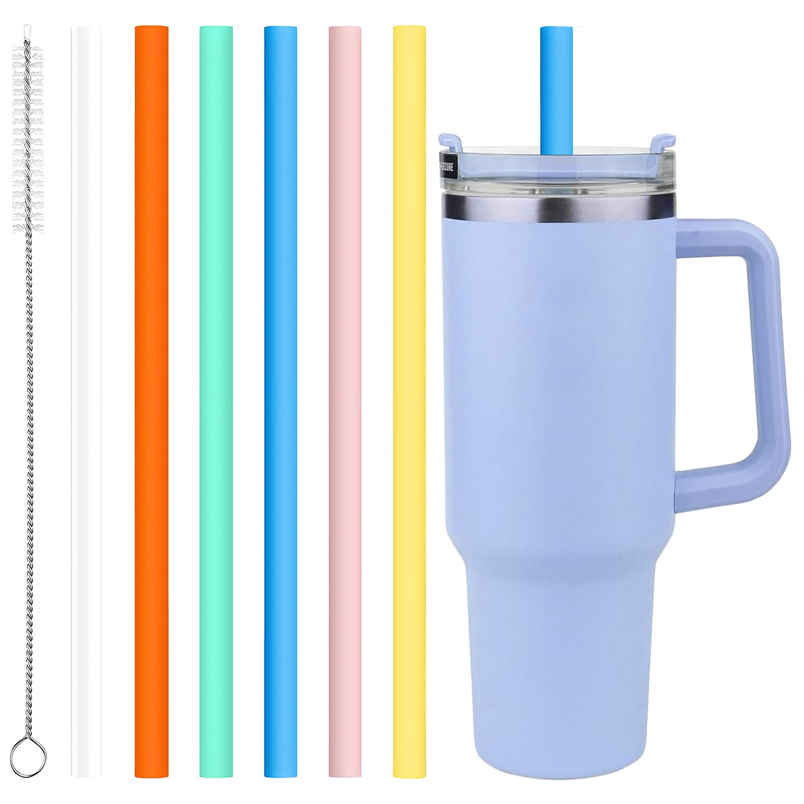 6Pcs Replacement Silicone Straws for Stanley Cup, 12 Inch Reusable With Brush, Long Thick for 40oz Tumbler (Multicolour)