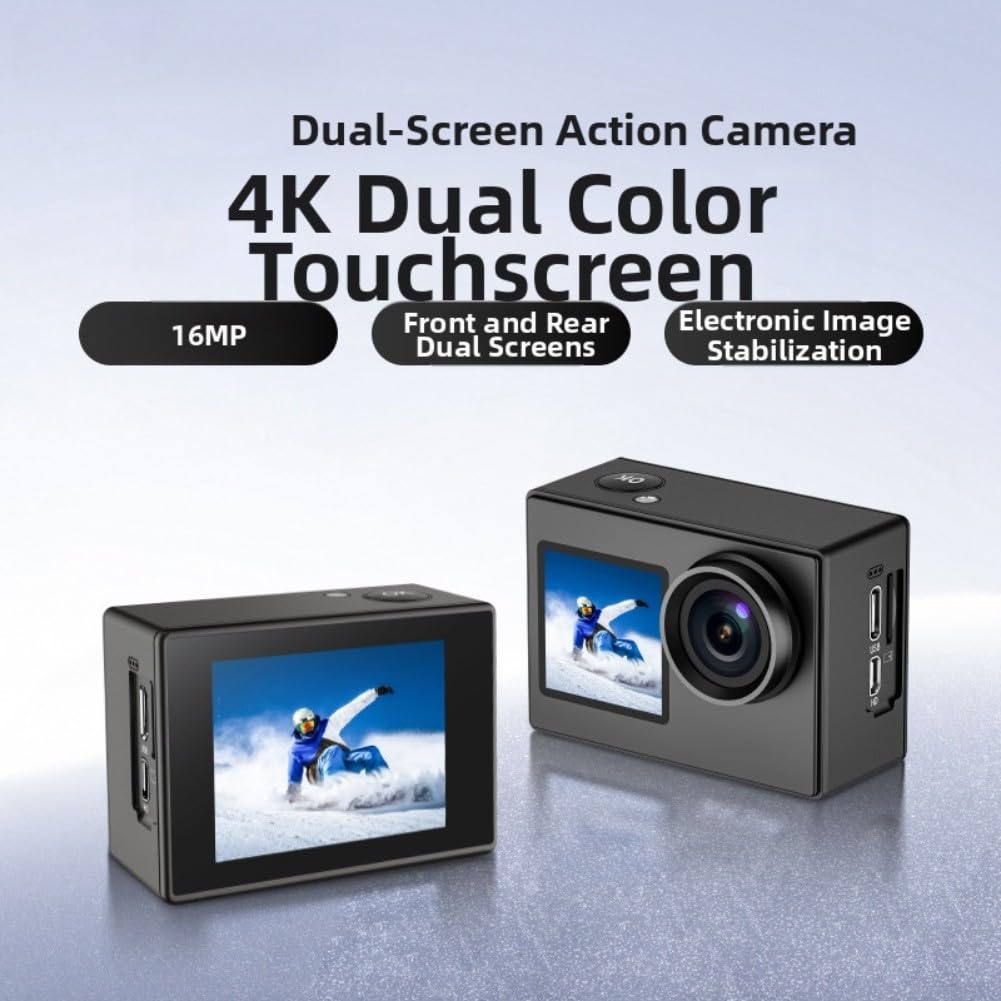 Action Camera, SJ4000 Dual Screen 4K Fotocamera Sportiva con Custodia Impermeabile, Ultra HD Dashcam Per Moto Ciclismo Subacquea