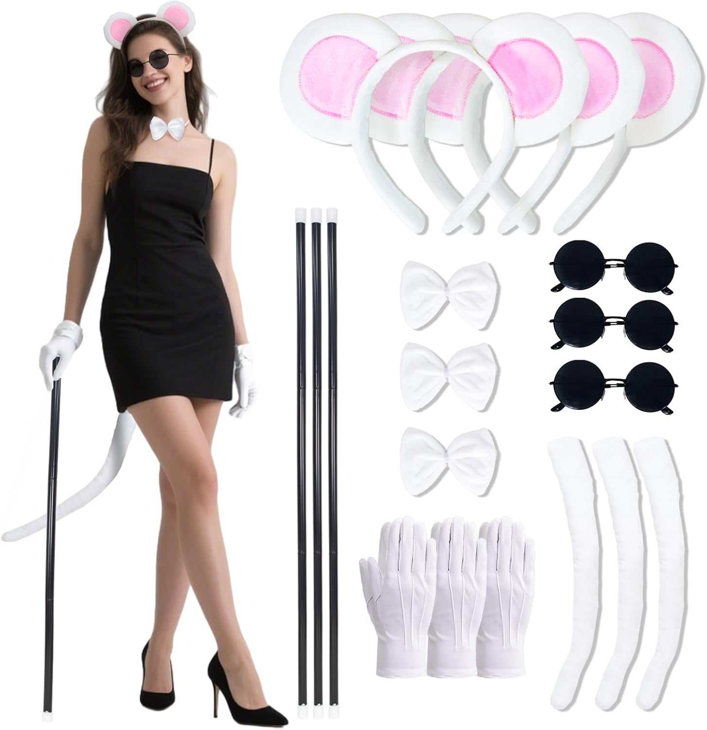 3 Set Mice Costume Accessories, Plush Mouse Ears & Tail Blind Cane Sunglasses Bow Tie Gloves for Women Family Halloween Party