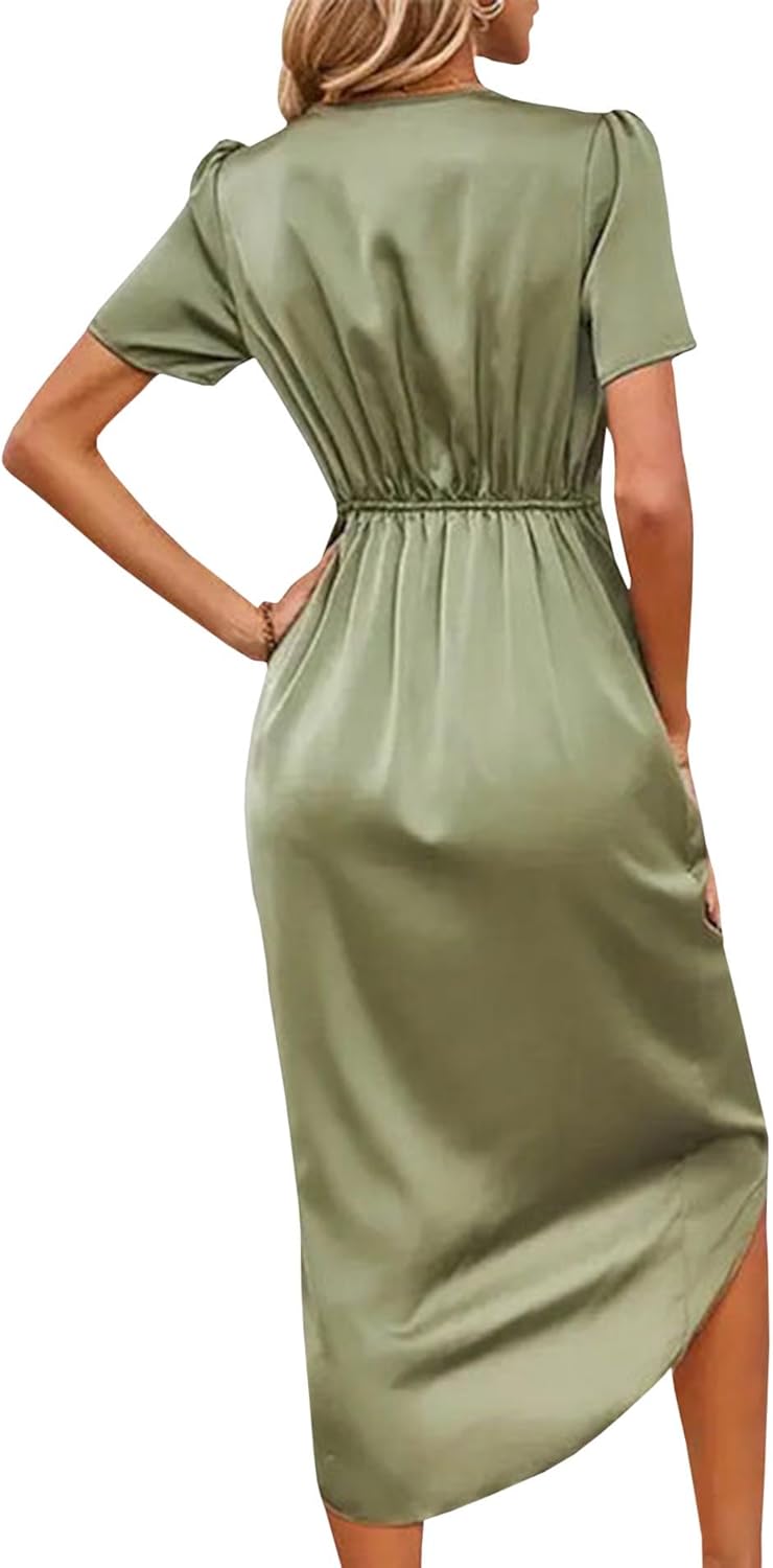 Sexyshine Women's Wrap V Neck Short Sleeve Satin Midi Dress Split Hem Ruched Pleated Formal Evening Party Dresses - Image 2