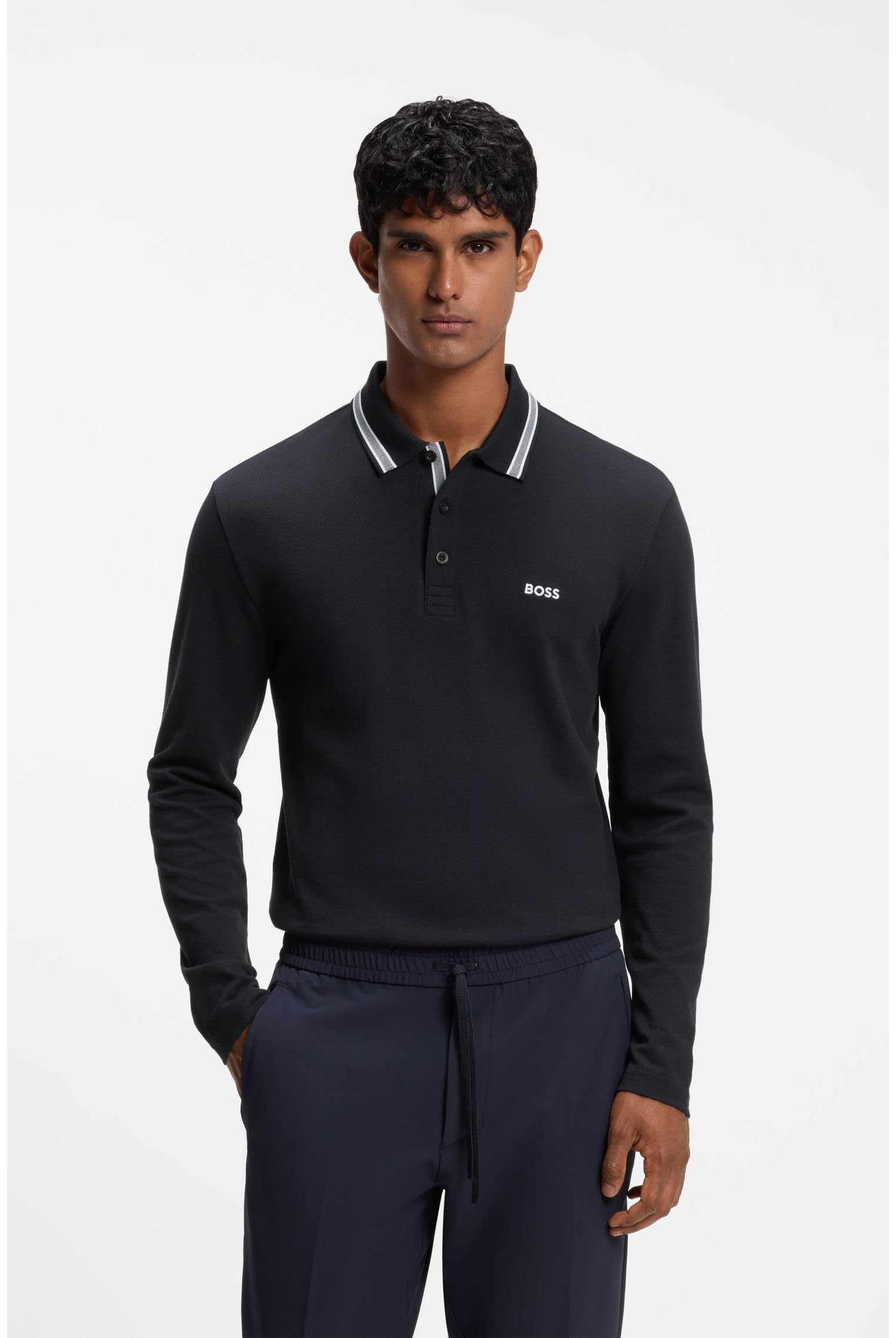BOSS Herren Plisy Longsleeve-Poloshirt aus Baumwoll-Piqué mit Details am Kragen