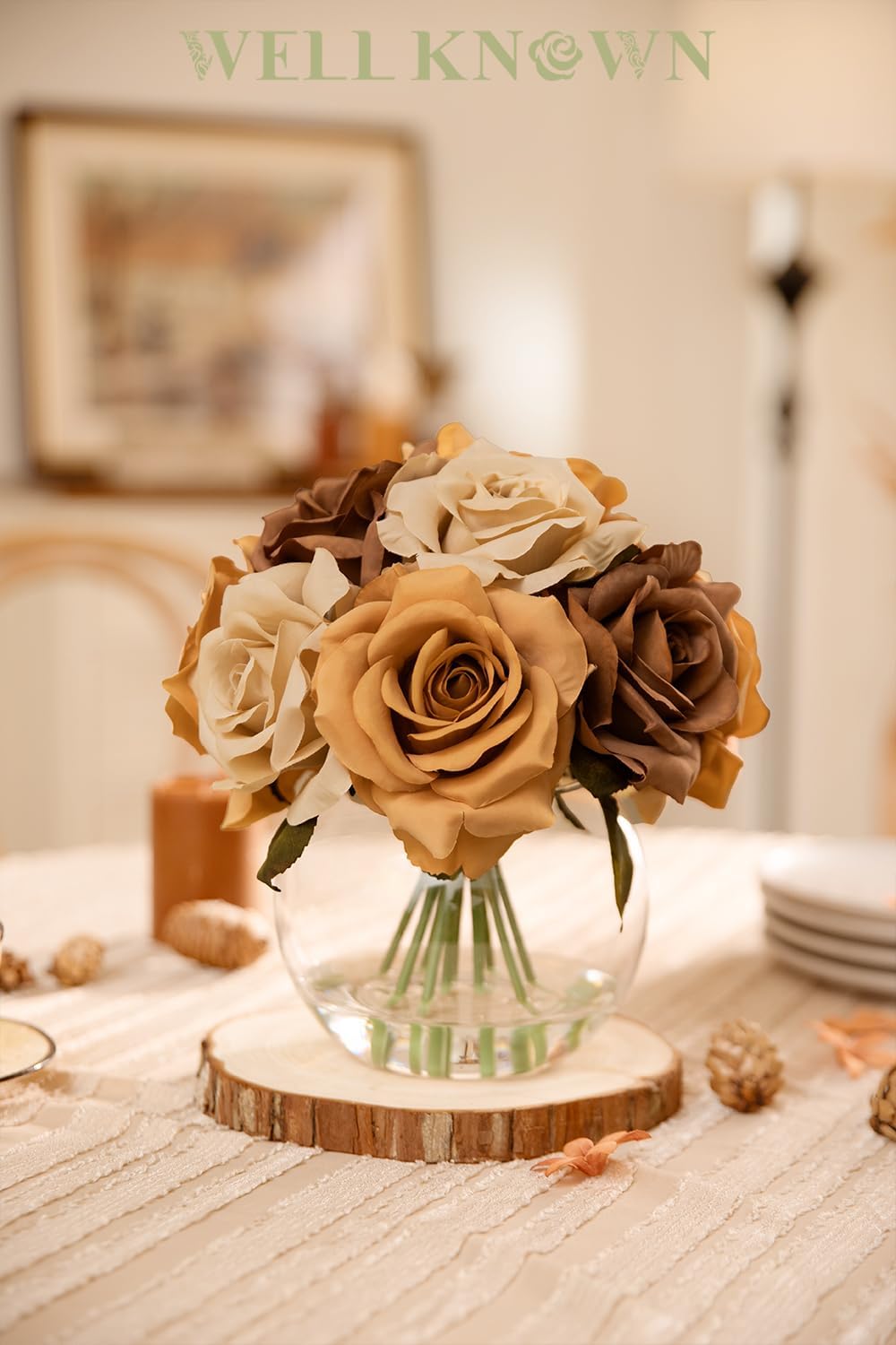 WELL KNOWN Silk Rose Artificial Flowers Arrangements with Vase, Artificial Earth Coffee & Orange Rose Bouquet in Vase with Faux Water for Spring Home Party Wedding Table Centerpieces Decor & Mom Gift - Image 4
