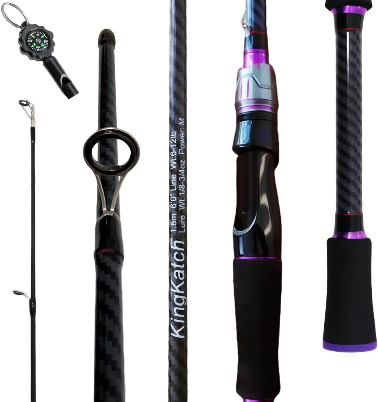 24-Ton Carbon & Fiberglass Spinning/Casting Rod, Lightweight 2-Piece Sensitive Fishing Rod with Ceramic Guides & Split-Grip Handle for Bass, Trout, Pike