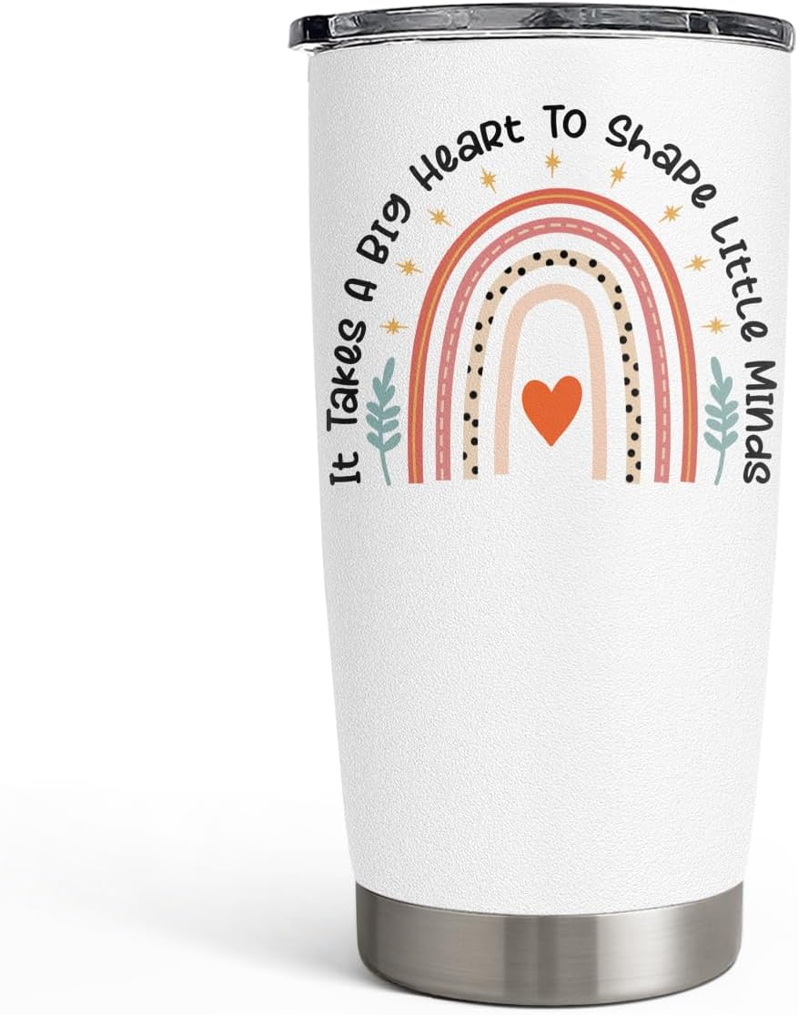 SANDJEST Teacher Tumbler - It Takes Big Heart to Shape Little Minds Travel Coffee Mug Appreciation Gift for Teachers - 20oz Insulated Stainless Steel Tumblers Birthday, Christmas, Back To School Gifts