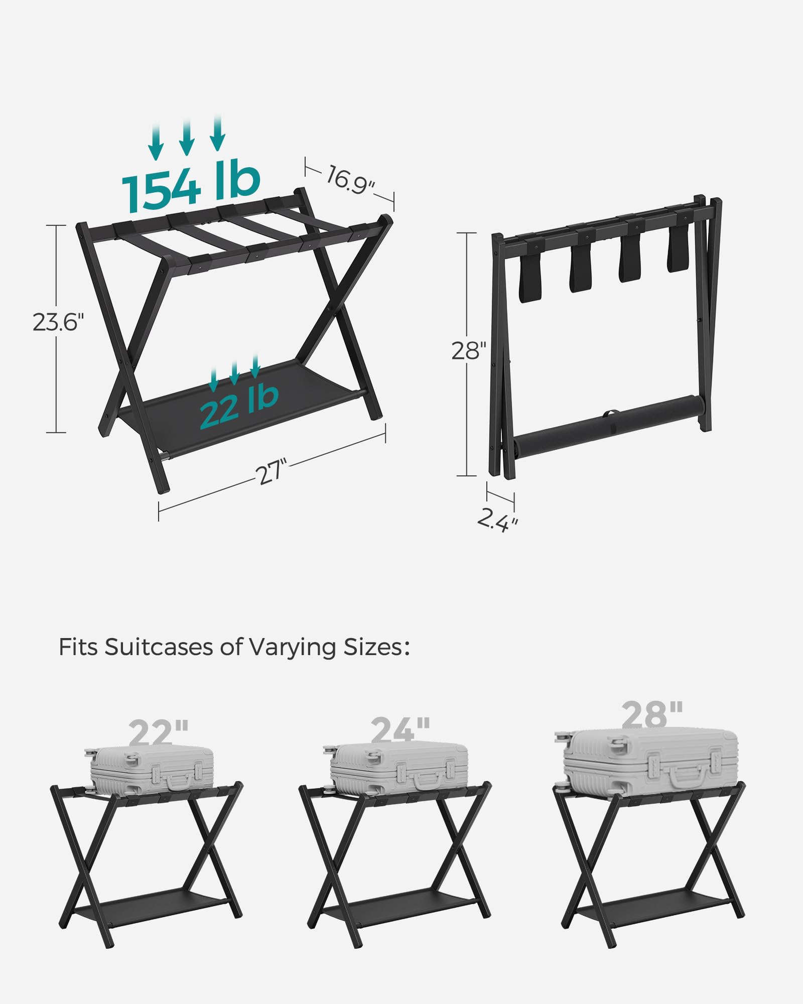 SONGMICS Lot de 2 porte-bagages pour chambre d'amis, support de valise avec étagère de rangement, cadre en acier, pliable pour un rangement facile, hôtel, chambre à coucher, noir URLR003B02