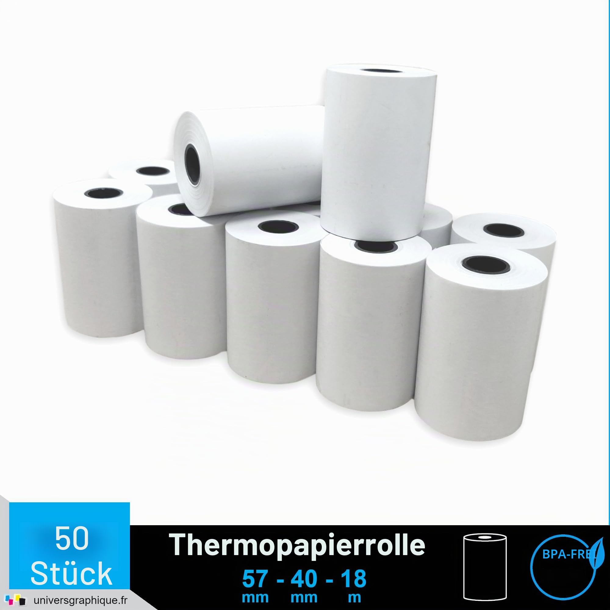 50 EC-Cash Thermorollen 57 x 40 x 12 für EC-Geräte mit Thermodrucker, Thermopapier EC-Cash Bonrolle, Bisphenol-A frei Ø40 mm