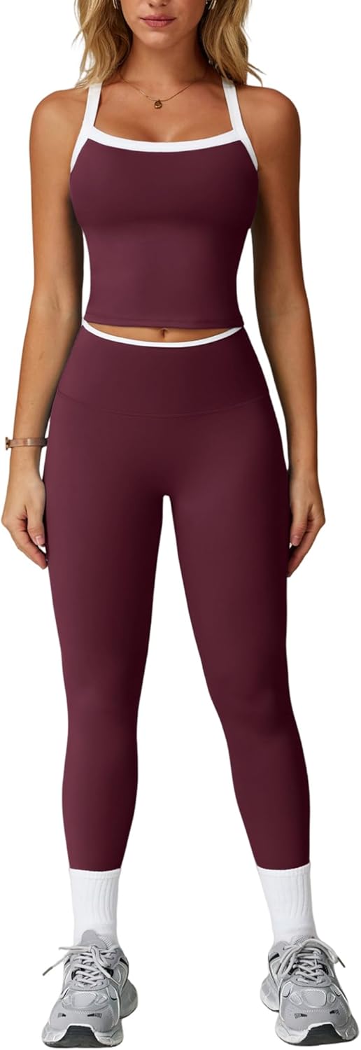 Womens Workout Sets Two Piece Cross Back Tank Top Matching High Waist Leggings Sets Gym Outfits Work Out Clothes