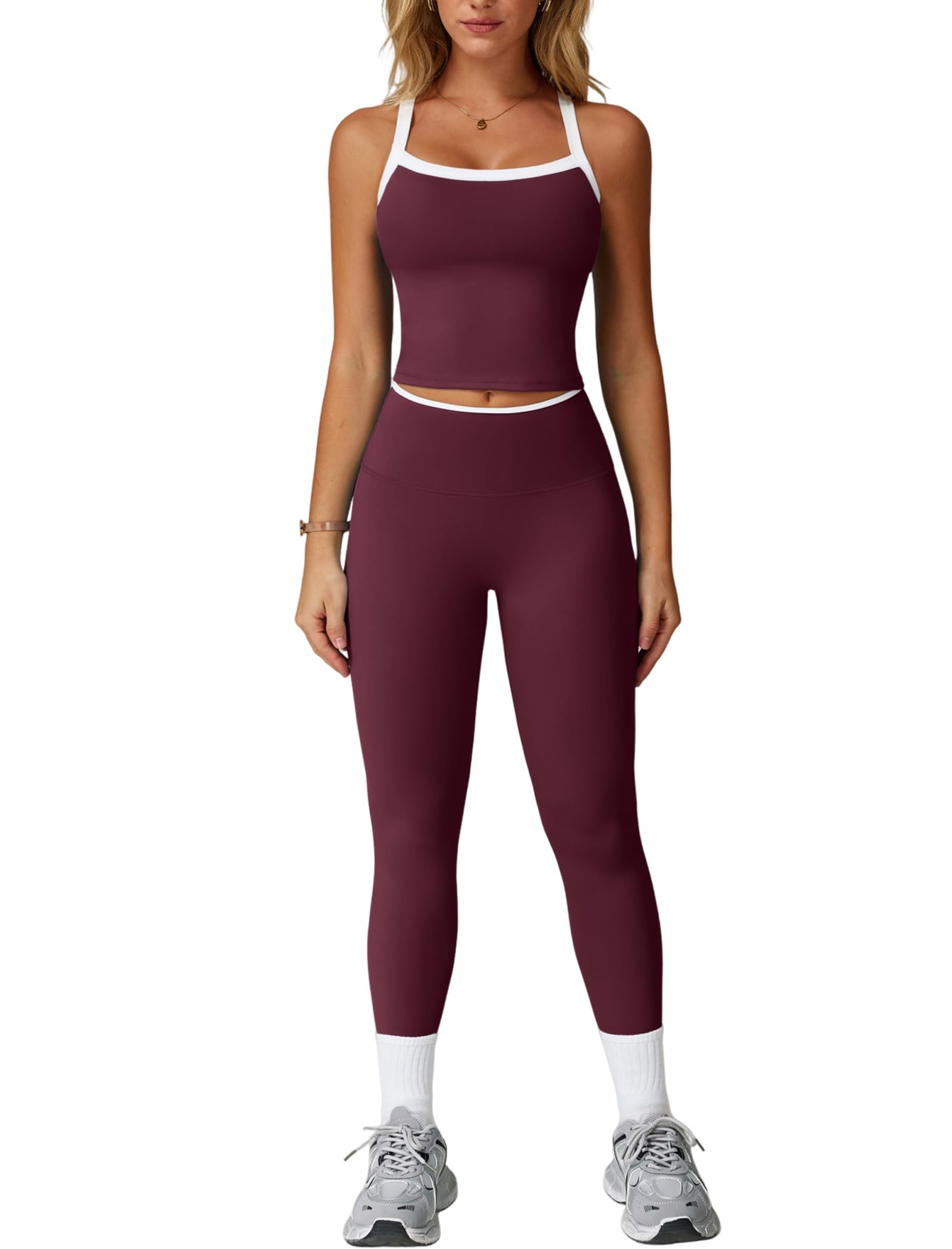 Women 2 Piece Workout Sets Padded Criss Cross Back Crop Tank High Waist Tummy Control Active Leggings Sets