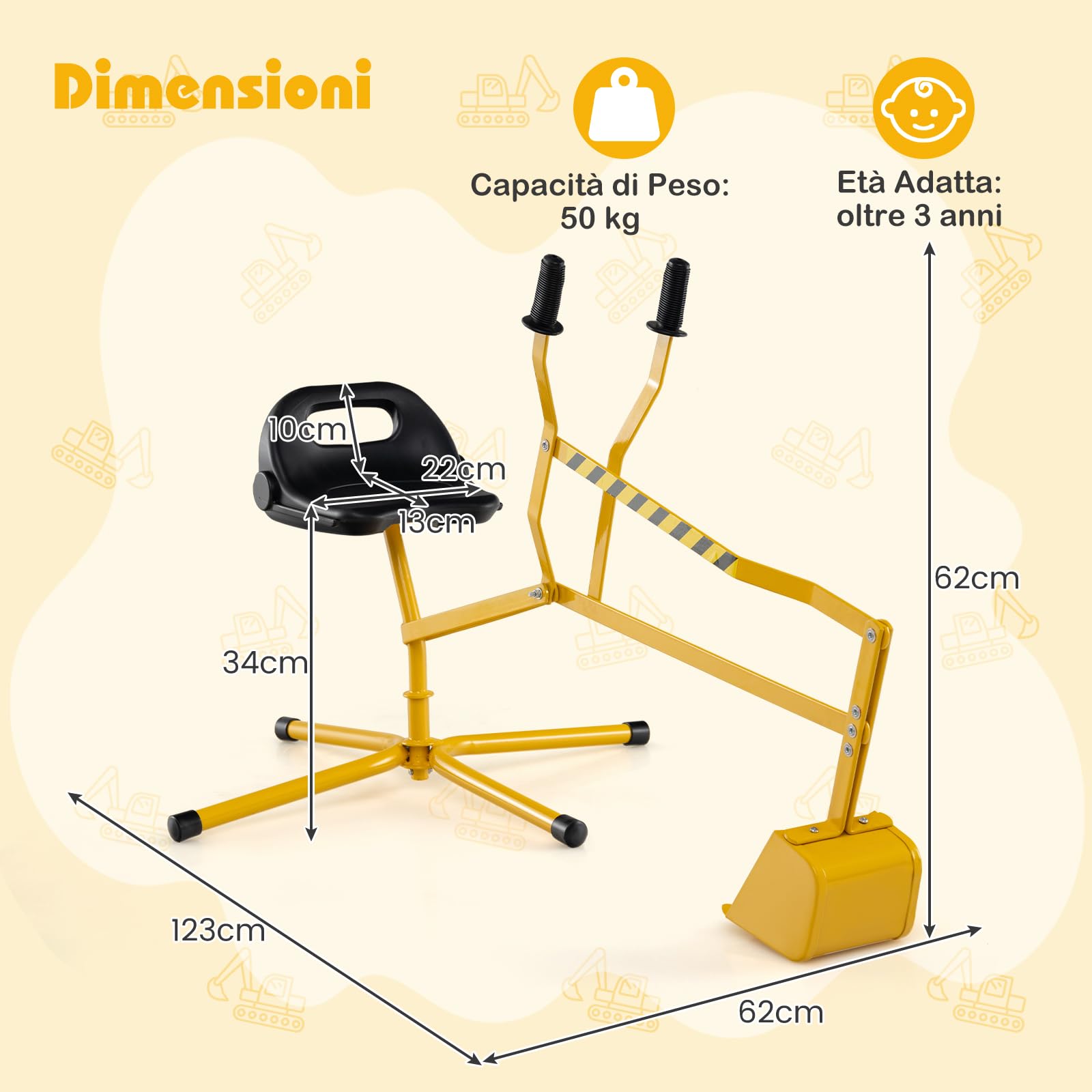 RELAX4LIFE Ruspa Escavatore Cavalcabile per Sabbiera con Sedile Girevole a 360°, Pala Flessibile, Schienale Ergonomico, 3 Anni+
