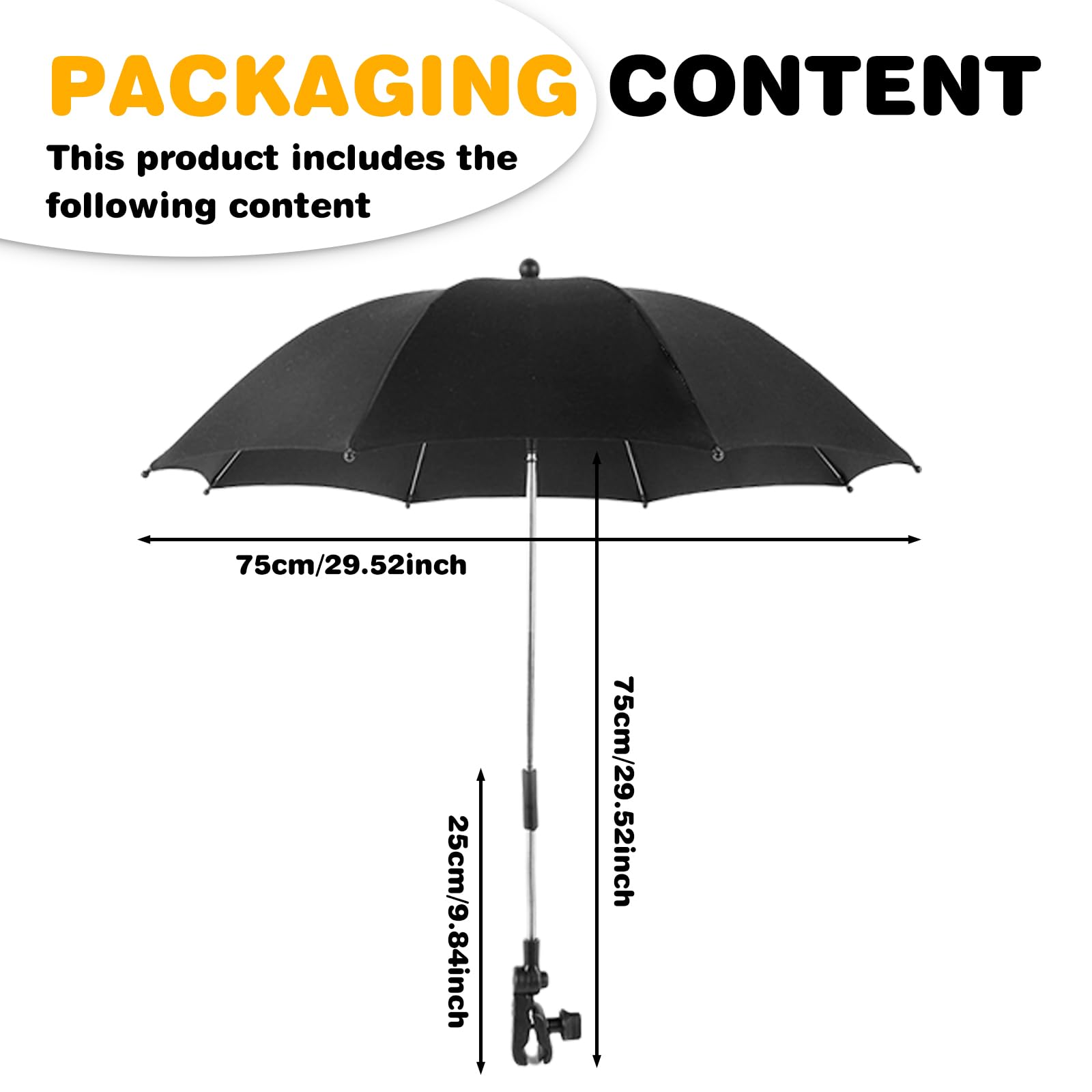 Parasol de Poussette Universel avec Support - 84 cm Diamètre, Protection UV 50+, Rotatif et Inclinable, Noir