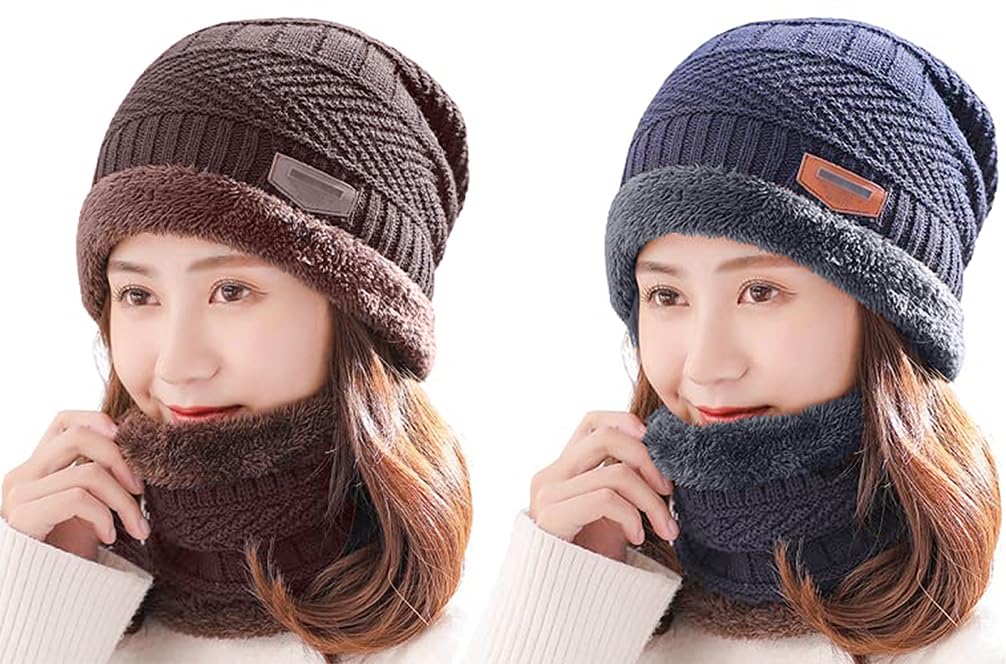 Women Cap with Neck Scarf/Muffler,Winter Cap & Neck Scarf with Fleece, Beanie Cap with Neck Warmer for Women,Thermal Cap,Thick Fluffy Woolen Cap