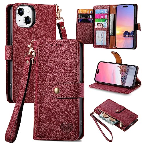 Image of VEEMOS Zipper Wallet Case for Apple iPhone 13 Mini Phone Case with Purse Card Holders RFID Blocking Leather Flip Case Book Cover Wrist Strap Women - Red