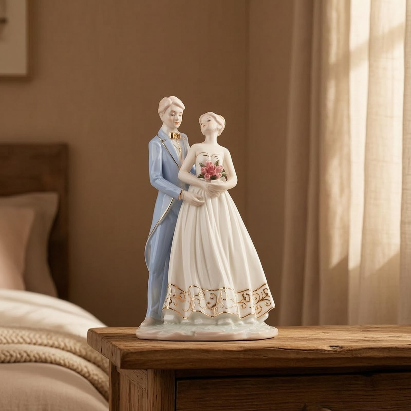 F Fityle Figura Nupcial de Cerámica Escultura Pareja en Base Decorativa Estatua Adorno Hogar Cerámica Cocida a Alta Temperatura con Acabado Vidriado Adecuada