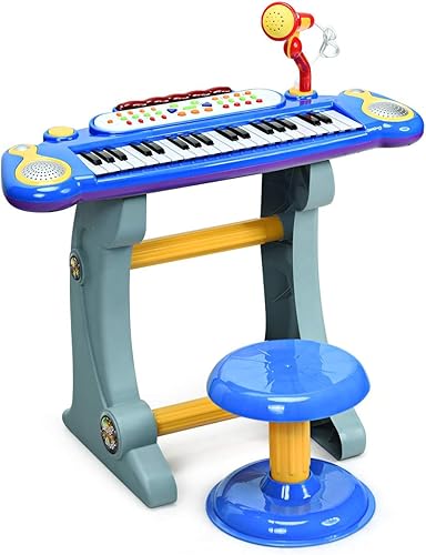HONEY JOY Teclado de piano para niños de 31 teclas con micrófono, piano electrónico portátil multifuncional, instrumento musical educativo, luces y