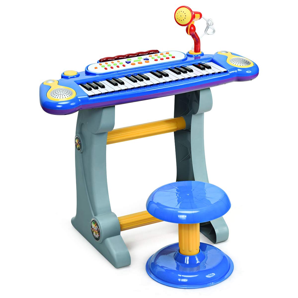 HONEY JOY 37-Key Toy Piano Keyboard, Electronic Keyboard with Microphone, Stool, Teaching Functions, Record and Playback, Educational Instrument for Kids and Toddlers (Blue)