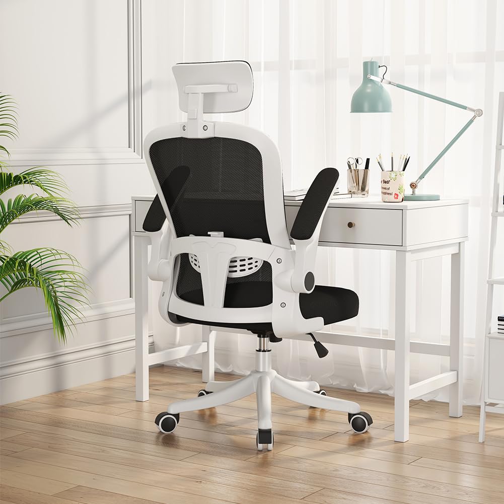 MOZOGOT Ergonomic Office Chair with Lumbar Support & Headrest & Flip-up Arms Height Adjustable Rocking Home Office Desk Chairs for Teens and Adults (Black Mesh)
