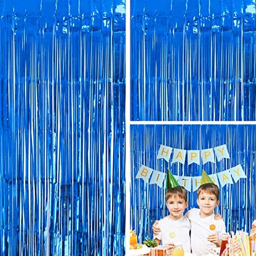 Moohome 2 Pack 3ft x 8ft Blue Foil Curtains Metallic Tinsel Fringe Curtains Shimmer Door Window Curtain Backdrop for Birthday Wedding Bridal Shower Photo Booth Party Decorations