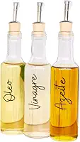 Kit 3 Galheteiros de Vidro para Azeite, Vinagre e Óleo, com Bico Dosador e Etiquetas Decorativas
