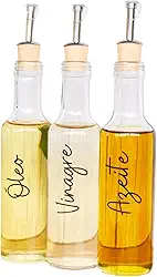 Kit 3 Galheteiros de Vidro para Azeite, Vinagre e Óleo, com Bico Dosador e Etiquetas Decorativas