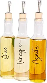 Kit 3 Galheteiros de Vidro para Azeite, Vinagre e Óleo, com Bico Dosador e Etiquetas Decorativas