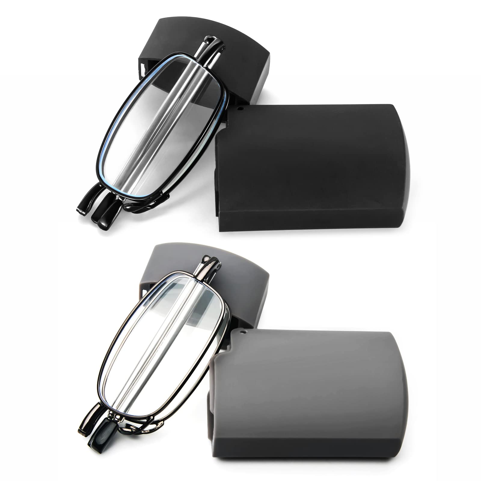 prtcslwd 2 Pack Folding Reading Glasses Stainless Steel Mini Anti-Blue Light Blocking Reader for Men Women (2 Pack?black+gray?, 2, Diopters)