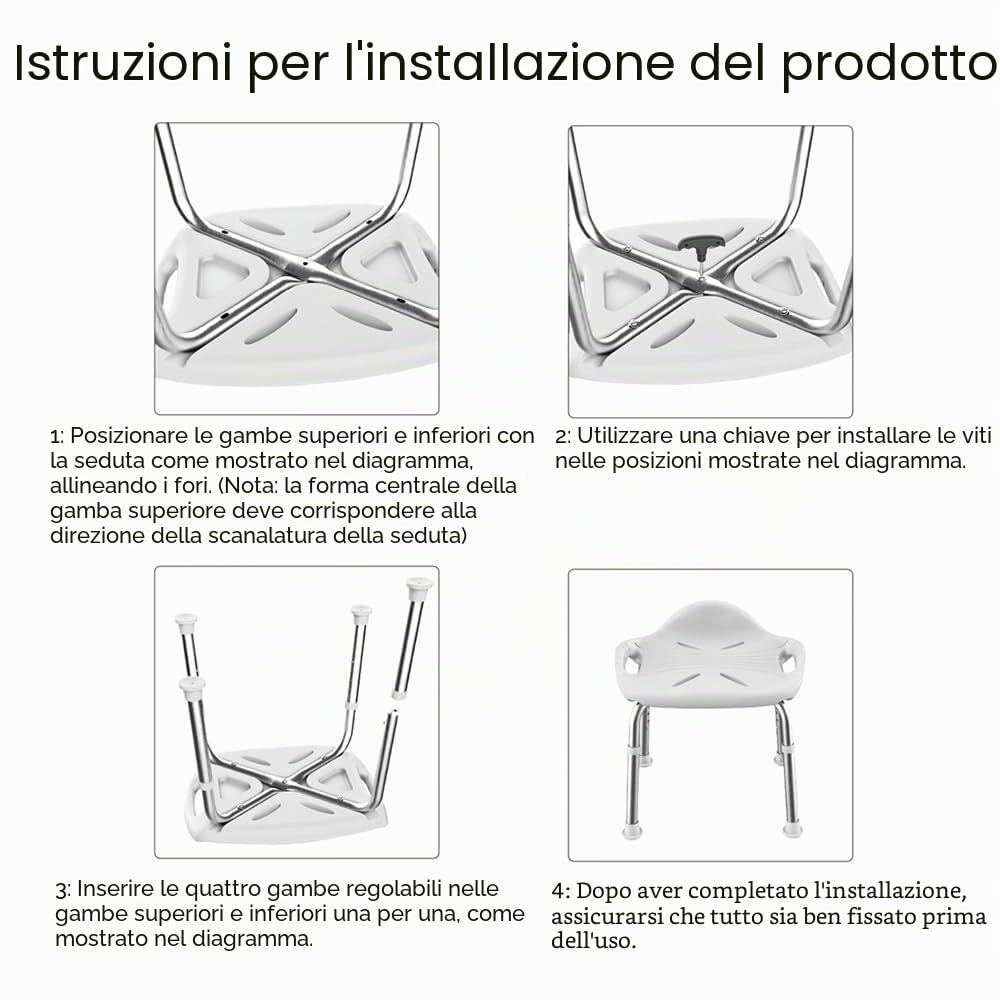 Sgabello da Doccia per Anziani fino a 150 kg, Sgabello Bagno Regolabile in Altezza in Lega Alluminio con Piedini Antiscivolo, Schienale Basso e Maniglia, per Disabili e Gravidanza