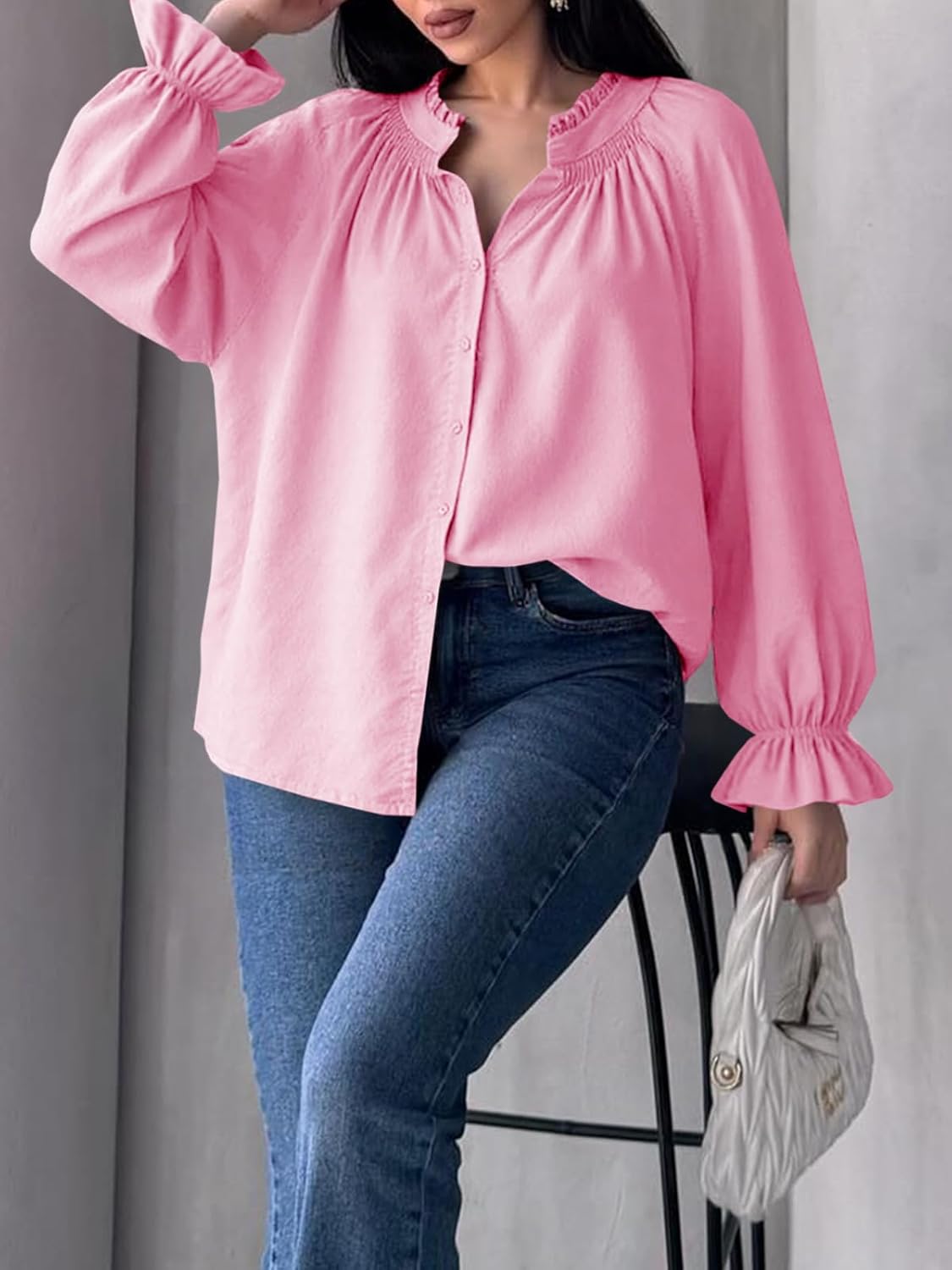 Tankaneo Womens Puff Long Sleeve Button Down Shirts Pleated V Neck Cotton Blouses Loose Fit Casual Ruffle Tops - Image 4