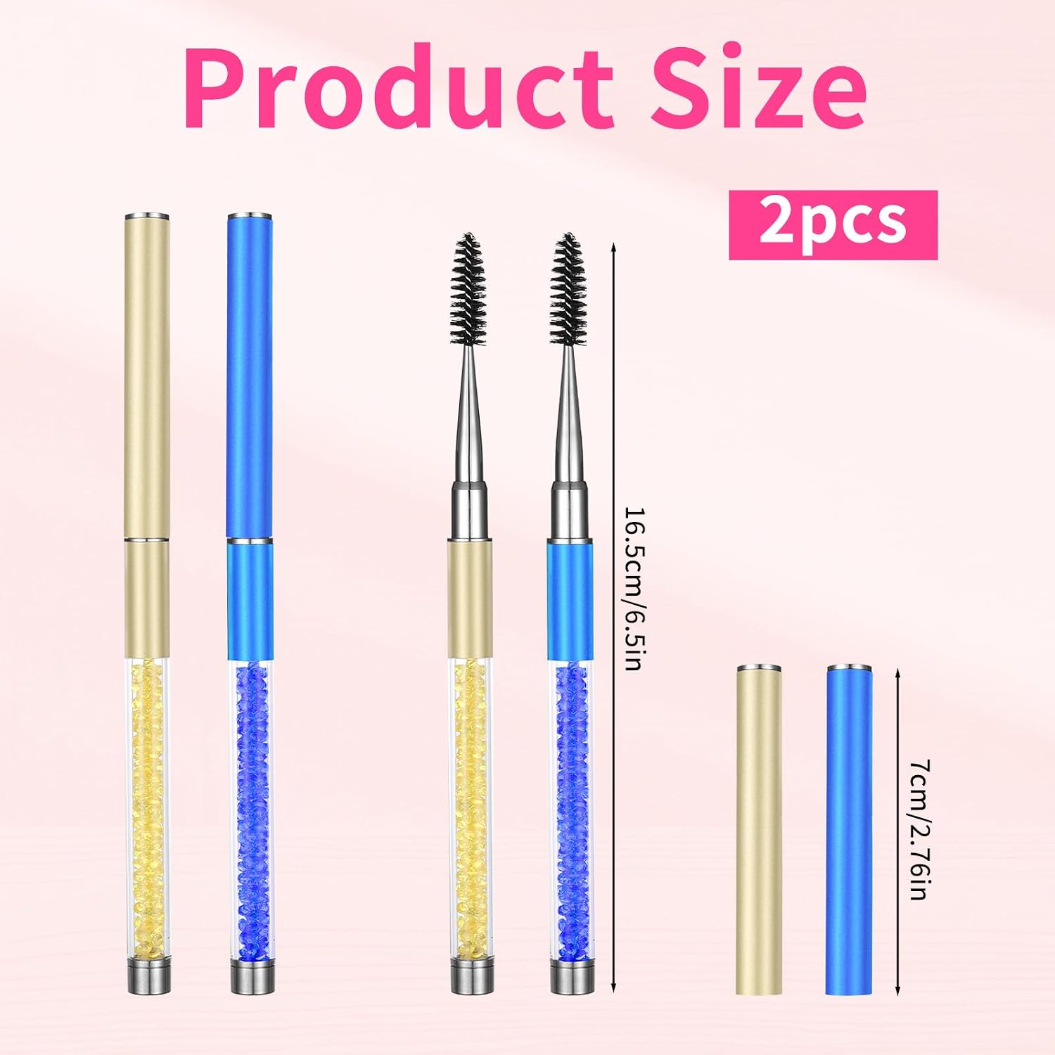 2 PCS Spoolie for Lashes, Eyebrow Spoolie, Eye Brow Brush with Cap, Reusable Travel Eye Brow Brushes, Portable Eyebrow Spiral Brushes with Handle, Make up Accessories for Women (Blue, Gold)