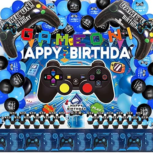 116 Pcs Video Game Birthday Party Decorations for Boys, Gamer Gaming Party Decorations Include Video Game Backdrop Game On Banner Table Cover Cake Toppers Foil Balloons for Birthday Party