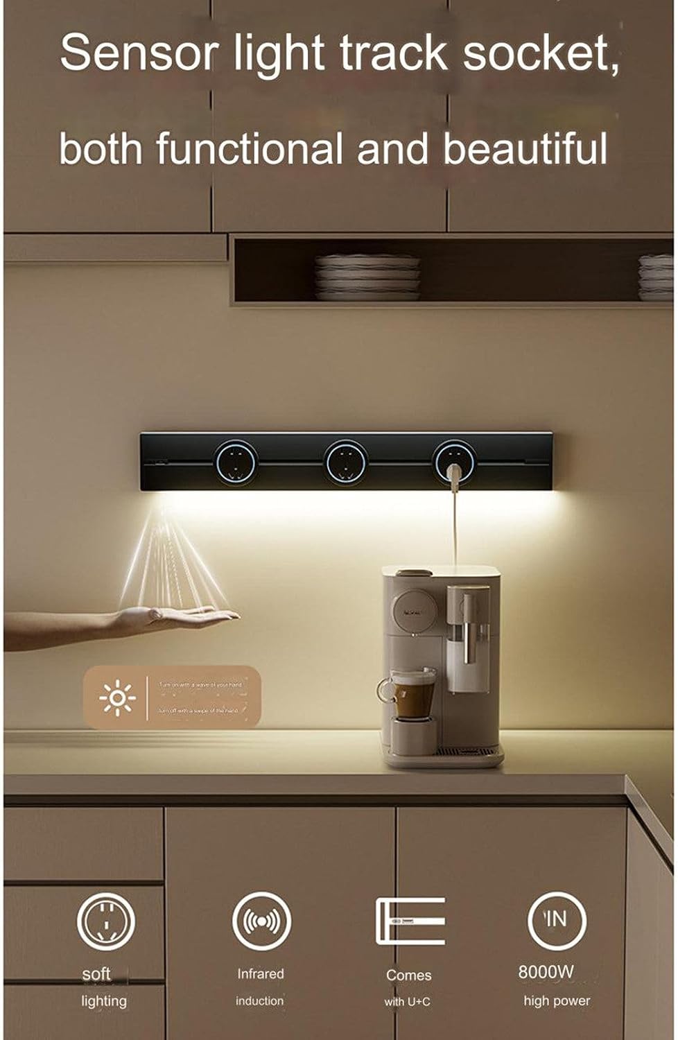 Home Slide Rail Socket with Light Strip, Track with 18W B+Typc Interface, Suitable for Kitchen, Office, Living Room,Black-50CM