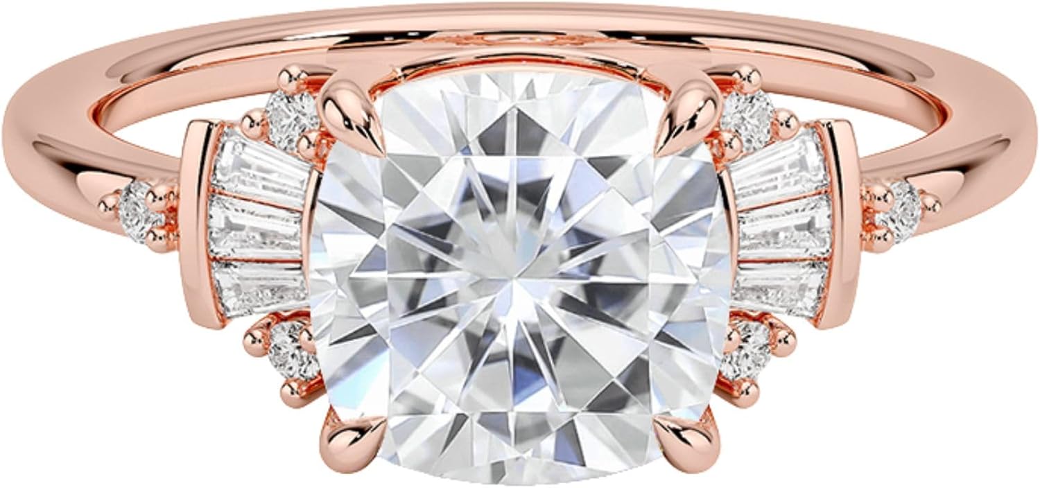 3.00 CT Custom Cut Moissanite Engagement Ring for Women, 925 Sterling Silver or 10K/14K/18K Solid Gold | Baguette & Round Side Accents | Sparkling Bridal, Proposal & Anniversary Ring