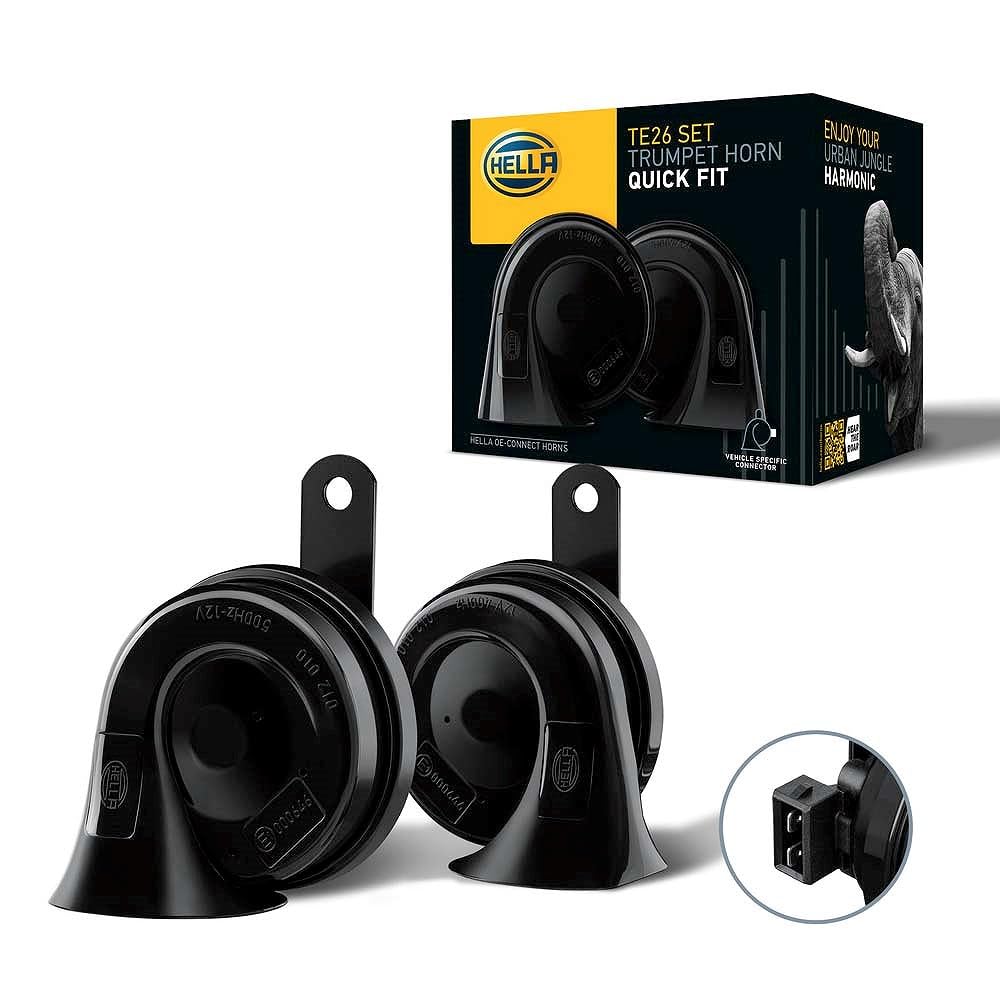 HELLA Trumpet Horn - OE-CONNECT HORN TE26 SET - 12V - 110dB(A) - Frequency range from: 400Hz - Frequency range to: 500Hz - Low Tone/High Tone - Electric - Quantity: 2 - 3FH 012 010-031