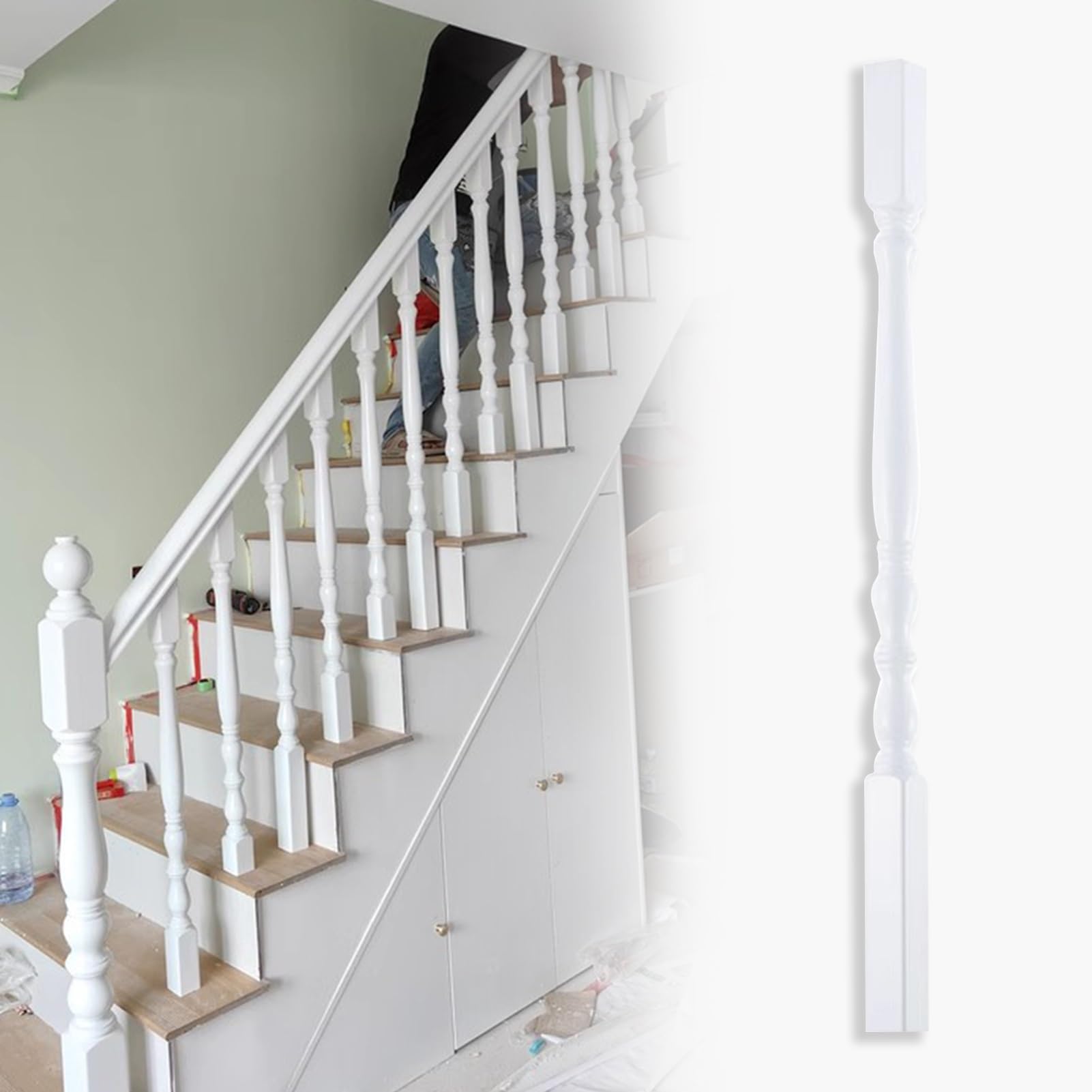 Rampe d'escalier bois massif blanc de 95 cm, balustrade robuste intérieure