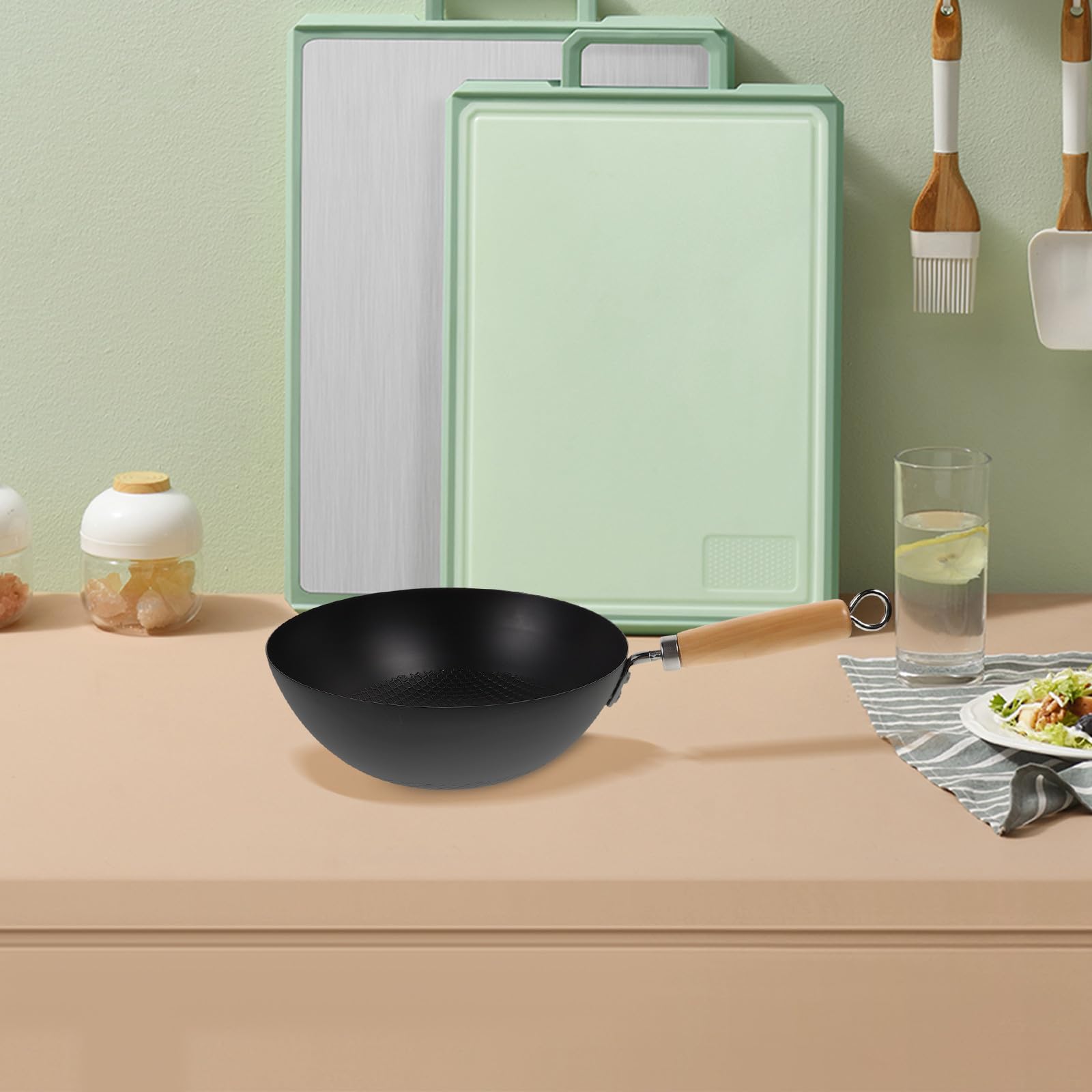 GALPADA Padella Wok in Ferro Battuto Piccolo Manico Ergonomico per Fornello a Gas, Pentola Wok Antiaderente ad Ampio Uso per Cucina Quotidiana