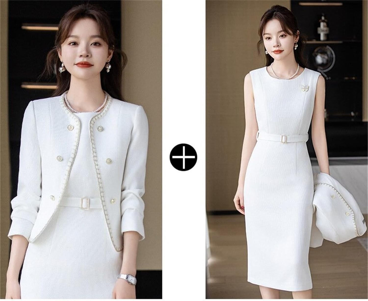 Women's Two Piece Business Outfit Sleeveless Sheath Dress with Long Sleeve Blazer Office Work Suit Set