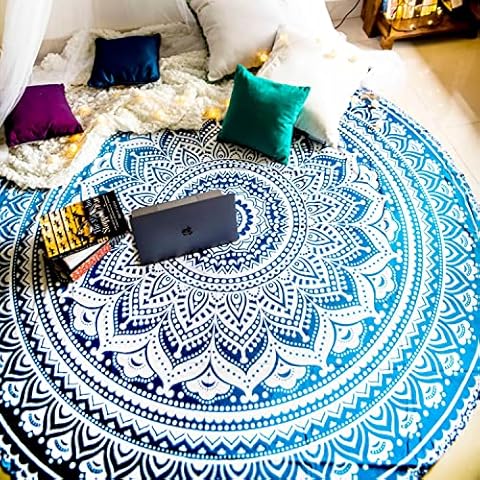 Folkulture Majestic Blue Round Mandala Tapestry or Hippie Indian Beach Blanket or Bohemian Large Yoga Mat for Meditation, Boho Gypsy Cotton Tablecloth or Mandala Beach Towel - 72 Inches, Blue Cover