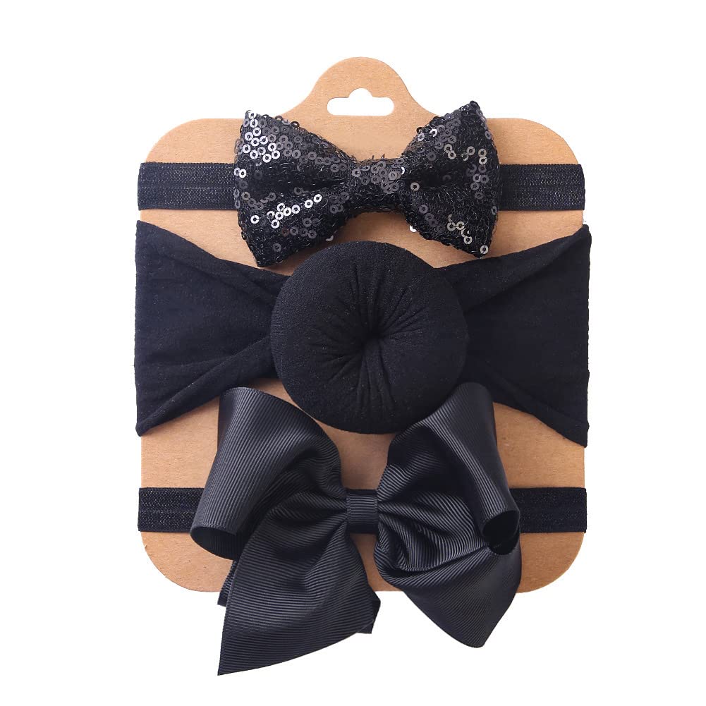 SYGA 3 Pcs Baby Headband Set, Soft Stretchable Nylon Hairbands with Glitter Bow and Knotted Design for Newborn, Infant, and Toddler-0-3 Years (Black)-image-12