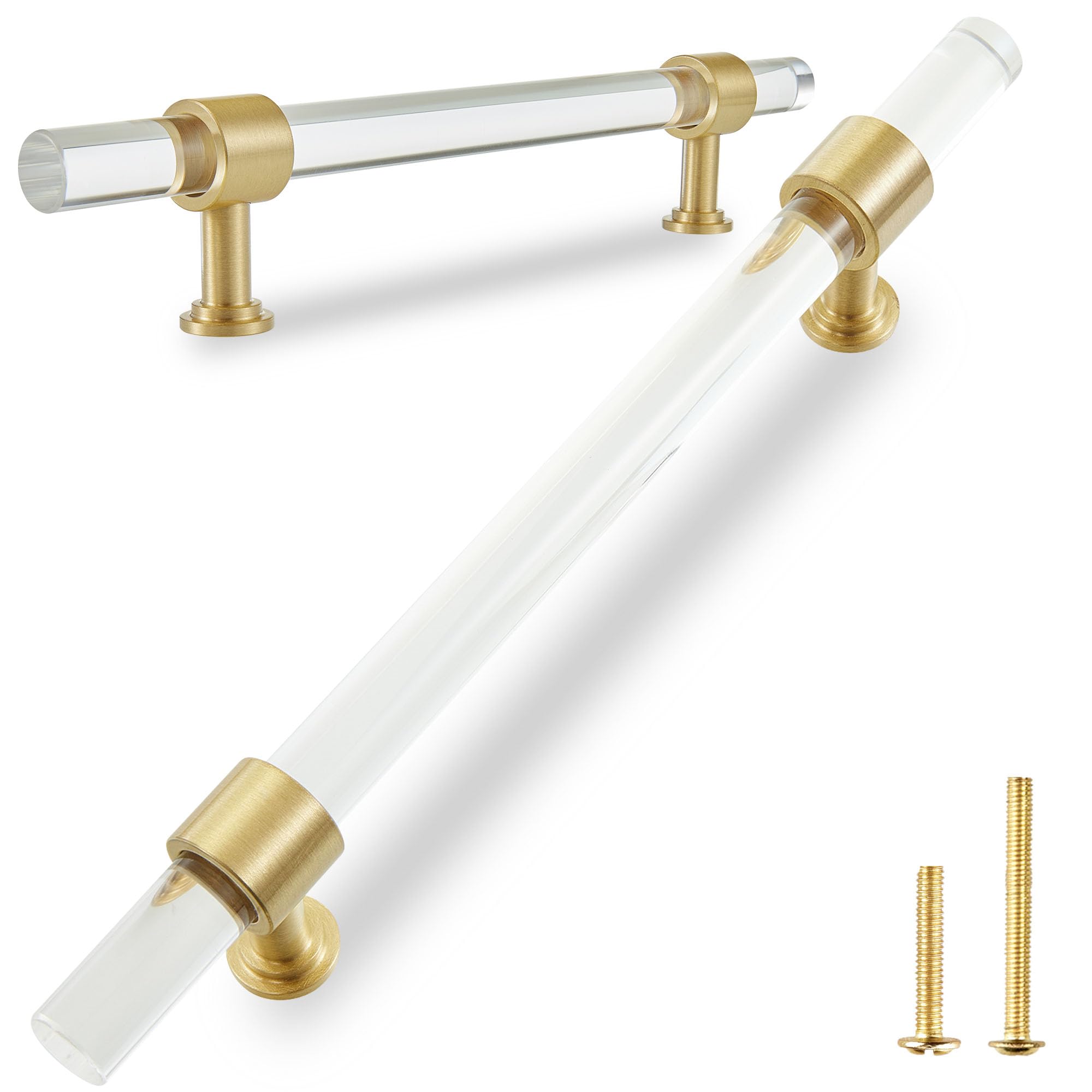 QOGRISUN 2-Pack Acrylic Cabinet Pulls with Brass Base, Gold Modern Drawer Handles, 6-1/4-inch Hole Center for Kitchen, Dresser Drawer Clear Glass